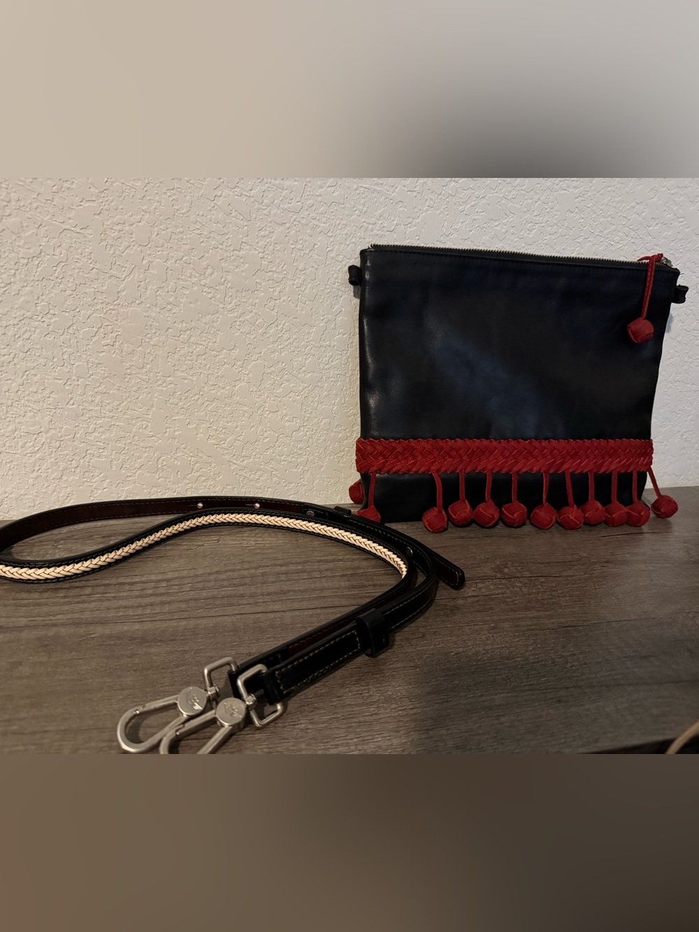 Damaged- Consuela Leather Black & Red Fringe Crossbody Bag